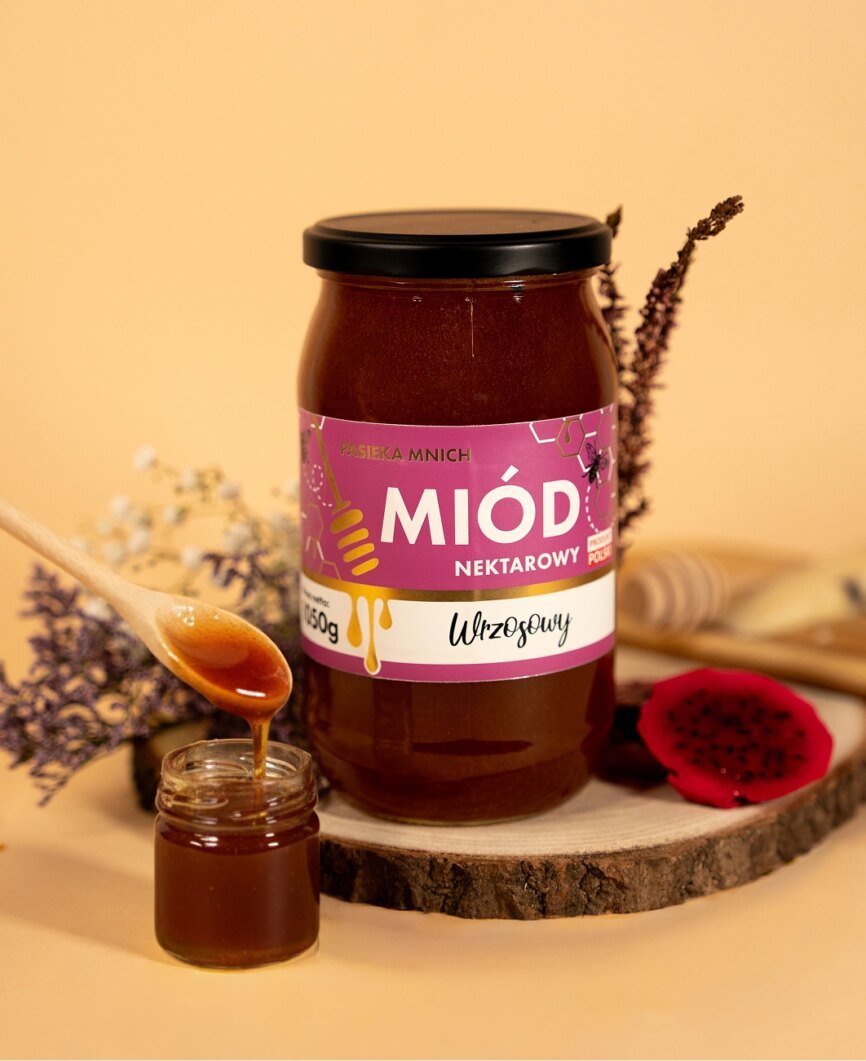 Miód nektarowy wrzosowy o galaretowatej konsystencji w szklanym słoiku