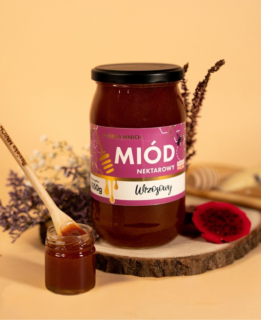 Miód nektarowy wrzosowy o galaretowatej konsystencji w szklanym słoiku